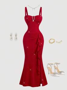SHEIN MOD 女士夏季金属扣装饰褶皱臀部拼接高开衩鱼尾无袖紧身迷你连衣裙，红色，红色连衣裙，红色优雅连衣裙，红毯礼服，红色荷叶边连衣裙，红色美人鱼连衣裙，派对礼服，女士优雅连衣裙，时尚，婚礼宾客礼服 - 紅色 - 查看 3