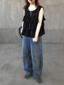 FRIFUL Women's Casual Solid Color Ruffle Hem Sleeveless Jacket, Summer Women Coats - Black - View 2