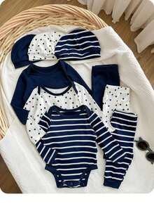 Bộ đồ sơ sinh 3 món cho bé gái, bộ đồ liền thân dài tay họa tiết sọc sao dễ thương, thường ngày, quần, mũ - Nhiều màu - Xem 3