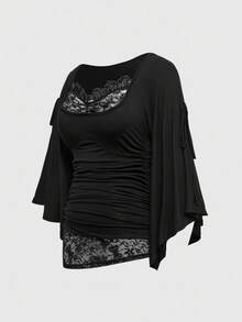 ROMWE Goth Áo thun cổ tròn tay cánh dơi rộng rãi phối ren cỡ lớn dành cho nữ - màu đen - Xem 3