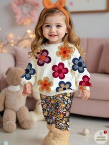 Emery Rose Kids Emery Rose Kids 2 件女婴休闲可爱纹理碎花柔软厚圆领长袖运动衫和花卉图案打底裤套装，适合秋冬季 - 彩色 - 查看 2