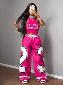 Slaydiva 2025新款夏季休闲截图性感运动风球服圆领工字背心口号Logo白色字母印花截角红色背心+阔腿裤长裤23号红色迷彩条纹印花梭织裤女士两件套套装-B - 玫紅色 - 查看 5