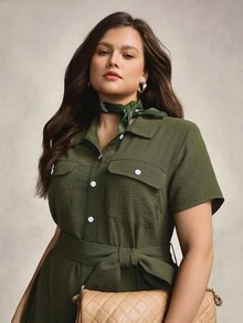 Zelara Plus Size Women Casual Elegant Utility Cargo Pocket Ruched Midi Dress Fall Women Clothes Back To School Homecoming Dress Business Casual Woman Modest Old Money Basic Stockholm Style Office Wear Teacher Outfits For Women - Army Green - View 3