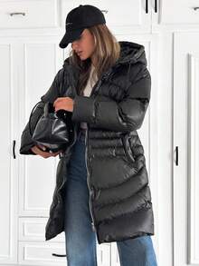 SHEIN Cottnline Women Solid Color Zipper And Pocket Detailed Long Winter Coats - Black - View 5