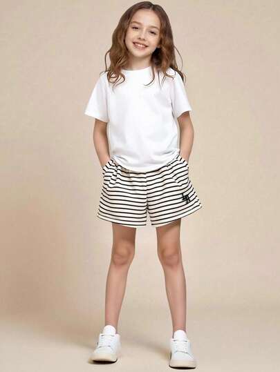 SHEIN Explorewe 女童休闲舒适条纹洛杉矶印花短裤，夏季