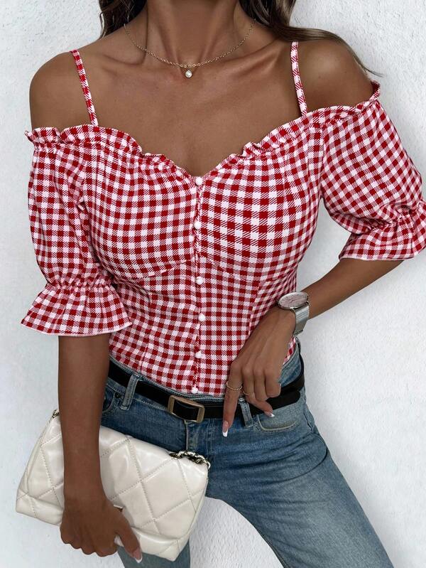 INAWLY Women's Summer Plaid Button Ruffle Ruffle Casual Blouse Women Shirt