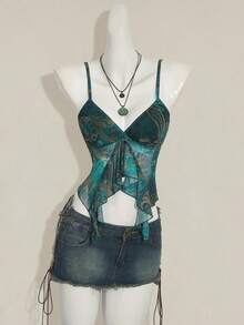 SHEIN ICON Women's Millennial Y2K Sexy Bohemian Retro Teal Paisley Print Asymmetrical Hem Ruffled V-Neck Slim Fit Camisole - Black - View 3