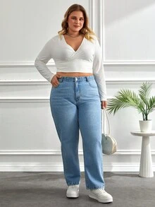 SHEIN Cottnline 100%Cotton Plus Size Water Washed Mom Style Jeans Mom Jeans - Medium Wash - View 4