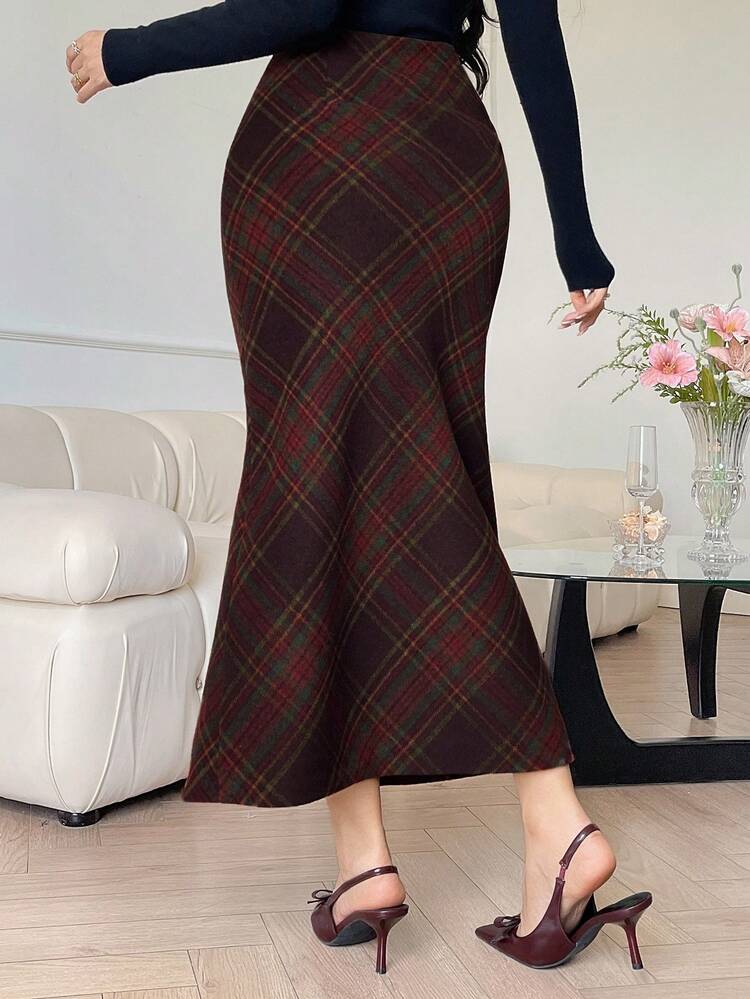 Women's Elegant Plaid Skirt For Commuting, Autumn/Winter
