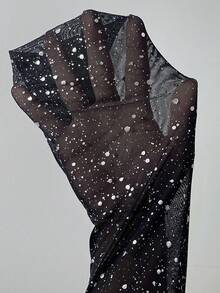 Almamuse Women's Fashion Metallic Polka Dot Mesh Print Off-Shoulder Long Sleeve Bodysuit - Black - View 8