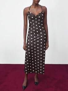 Maija Women's Polka Dot Print Backless Dress, Summer Christmas Women's Clothing  New Year Outfit Party Dress  Beach Outfits For Women  Brown Dress Elegant Dresses For Party Brown Dress - Black - View 4