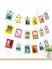 1 Set/21 Pcs Paper Photo Frame, 10pcs Kraft Hanging Picture Frames Display For 4x6in Photo, Cardboard Photo Frames 10 Clothespins With 1 Rope For Birthday, Wedding, Engagement,Anniversary, Valentine's Day And Graduation Party Decor