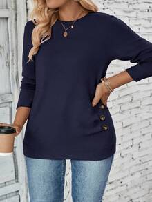 EMERY ROSE Plus Size Casual Round Neck Long Sleeve Button Hem T-Shirt Fall - Navy Blue - View 3