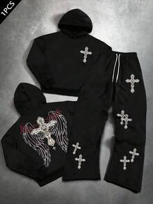 PAVTROS Bộ 2 món áo hoodie và quần ống loe Cross Angel Wings thu/đông dành cho nam - màu đen - Xem 1