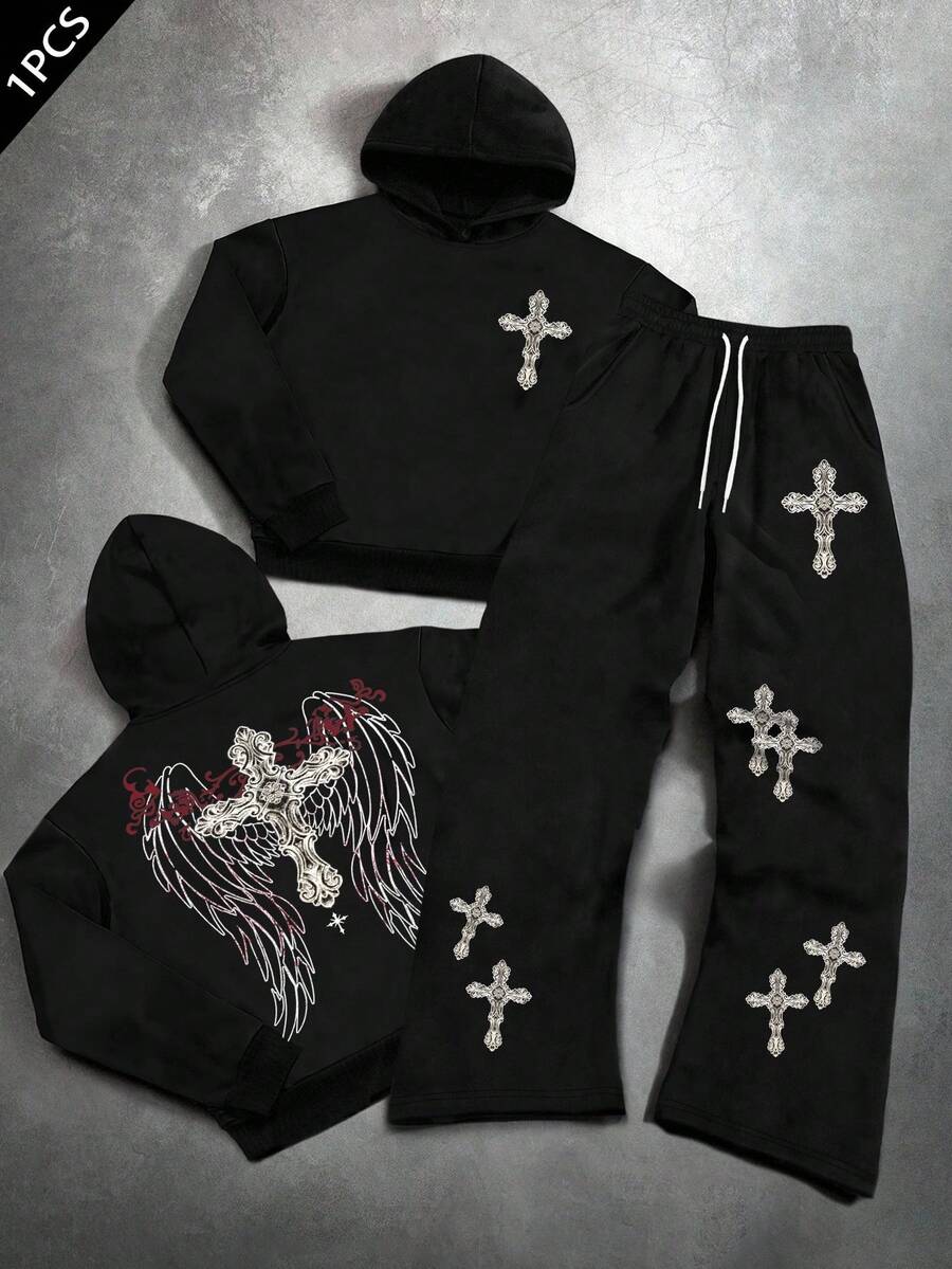 PAVTROS Bộ 2 món áo hoodie và quần ống loe Cross Angel Wings thu/đông dành cho nam - màu đen - Xem 1