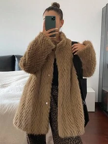 DAZY 女式仿毛领中长款纯色大衣，秋冬 - 咖啡棕 - 查看 7