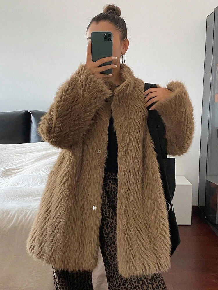 Women's Faux Fur Collar Mid-Length Solid Color Coat, Autumn/Winter