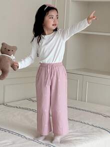 DAZY Set Piyama Atasan dan Celana Panjang Leher Bulat Warna Polos untuk Anak Perempuan - Putih - View 4