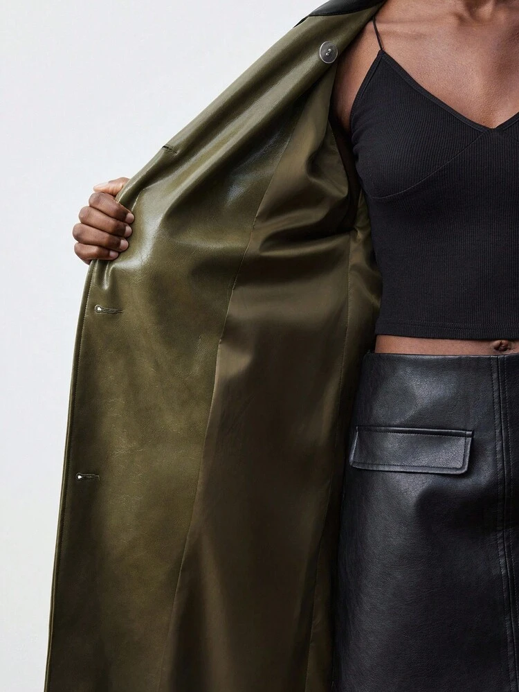 SHEIN Maija Women's Autumn Contrast Color Lapel Neck Long Sleeve Double-Breasted PU Leather Long Trench Coat, Going Out