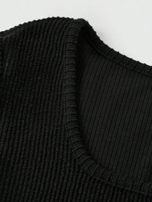 SHEIN 青少年女孩休闲日常简约针织羊毛高领长袖修身纯黑色连体裤，秋冬 - 黑色 - 查看 8