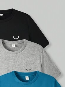 4pcs/Set Teen Boy Casual Solid Color Crew Neck Loose Knit Short Sleeve T-Shirts - Blue - View 5