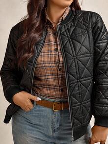 Zelara Plus Size Solid Color Casual Warm Jacket, Autumn/Winter Plus Size Jackets Quilted Bomber Jacket Women Quilted Jackets Plus Size Quilted Jacket Plus Size Bomber Jacket Plus Size Winter Clothes Plus Size Fall Clothing Women Jackets Black Jacket Women Women Jackets - Black - View 1