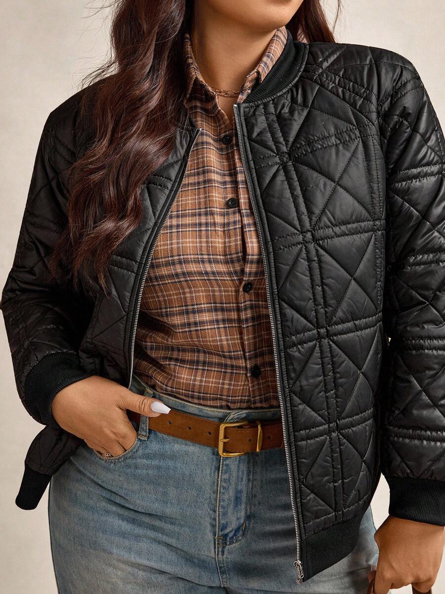 Zelara Plus Size Solid Color Casual Warm Jacket, Autumn/Winter Plus Size Jackets Quilted Bomber Jacket Women Quilted Jackets Plus Size Quilted Jacket Plus Size Bomber Jacket Plus Size Winter Clothes Plus Size Fall Clothing Women Jackets Black Jacket Women Women Jackets - Black - View 1