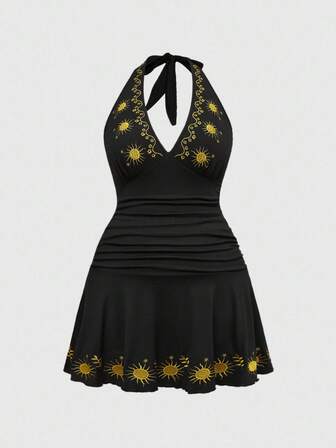 Vestido mini con escote halter bordado con estrellas y lunas, talla grande, estilo hippie
