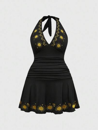 Hippie فستان قصير بحلية نجوم وقمر مطرزة بطراز هيبي مقاس كبير