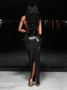 BamGleam Vestido de mujer sexy con diseño hueco y concha de metal - Negro - Ver 2