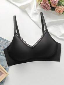 SHEIN 1 件女士简约舒适纯色细肩带文胸 - 黑色 - 查看 6