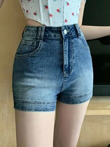 DAZY 女士口袋休闲修身牛仔短裤，百搭牛仔短裤 - 藍色 - 查看 7