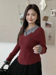 Dazy Plus 圣诞节和新年拼色衬衫领二合一休闲大码女式刺绣图案时尚秋季套头毛衣 - 紅色 - 查看 7