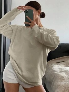 DAZY Letter Embroidered Loose Long Sleeve Round Neck Casual Top, Women Tee Shirt For Spring And Summer,Fall Clothes - Apricot - View 5