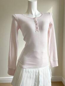 INAWLY Áo thun nữ tay dài cài nút họa tiết sọc hồng - Hồng - Xem 1