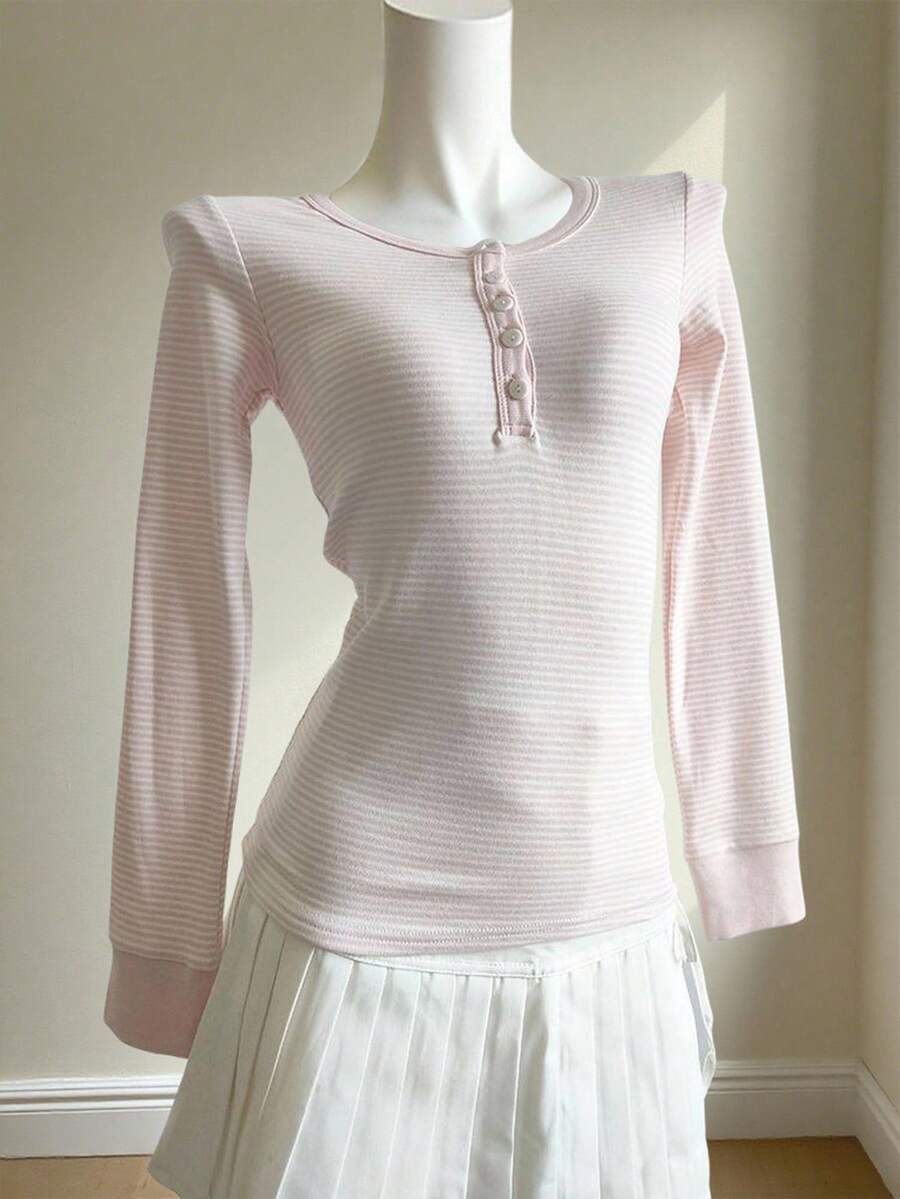 INAWLY Áo thun nữ tay dài cài nút họa tiết sọc hồng - Hồng - Xem 1