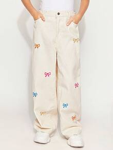 Radiana Tween Girl Y2K 时尚纯色水洗蝴蝶结牛仔裤刺绣蝴蝶结宽松牛仔直筒牛仔裤，秋季服装返校街头服饰 - 杏色 - 查看 2