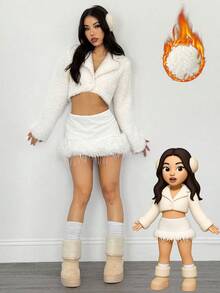 SHEIN PETITE 女士纯色翻领长袖单排扣短款仿皮草外套 白色毛绒大衣 秋冬款 - 白色 - 查看 7