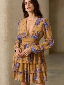 Revavyn 女士时尚随机印花长袖连衣裙度假装 - 棕色 - 查看 5