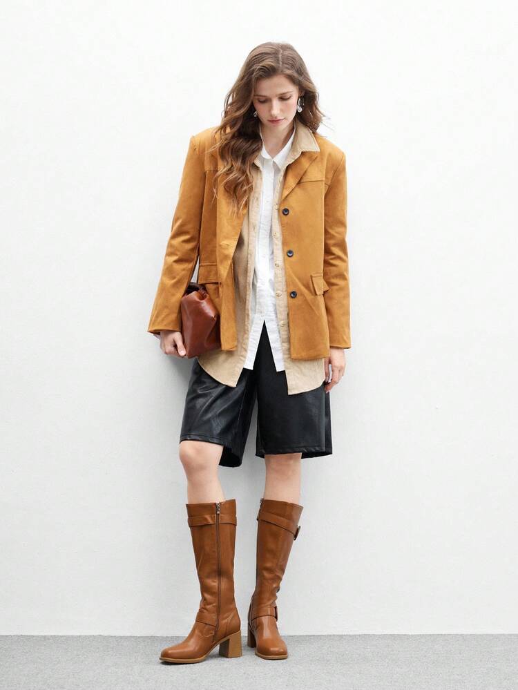 CUCCOO BIZCHIC 여성 패션 오버 니 부츠, 스퀘어 토 청키 힐 디자인, 솔리드 브라운 컬러, 멀티 스트랩 장식의 사이드 지퍼, 스커트, 청바지, 코트와 다재다능, 가을/겨울, 패션쇼, 통근, 세련된 여성용 톨 부츠에 적합