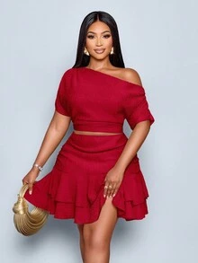 SOLERSUN Bộ đồ hai mảnh dệt kim màu mơ thanh lịch dành cho nữ cỡ lớn, trang phục dự tiệc ban ngày, cổ áo bất đối xứng, xếp nếp, trang phục lễ hội nhiệt đới, trang phục hòa nhạc lễ hội dành cho nữ, thời trang đơn giản, gợi cảm, thanh lịch, dành cho nữ, váy thể thao màu mơ giản dị - Đỏ - Xem 5