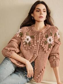 Anewsta Handmade Embroidered Thick Knit Cardigan Sweater Jacket For Women, Autumn/Winter - Coral Pink - View 5