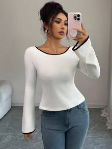 Elenzga Women's Elegant Commuter Contrast Trim Tie Back Slit T-Shirt - White - View 7