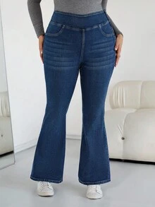 SHEIN CURVE+ 女士加大码深蓝色秋冬高腰弹力拉链喇叭牛仔裤，万圣节服装，乡村风格女装，时尚秋季 - 中等水洗藍 - 查看 8