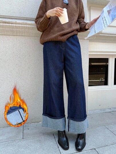 K-Vae 女士秋冬深蓝色羊毛袖口宽松休闲牛仔裤，老款风格，韩版风格，万圣节服装，别致秋季