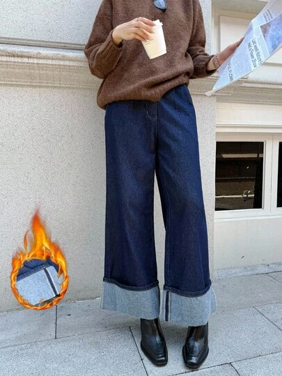 K-Vae 女士秋冬深蓝色羊毛袖口宽松休闲牛仔裤，老款风格，韩版风格，万圣节服装，别致秋季