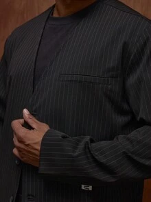 Musero Long Sleeve Pin Stripe Collarless Button Up Blazer /Winter Tailoring - Black and White - View 6