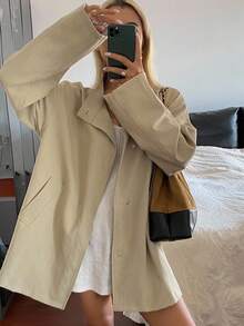 DAZY 女式条纹袖口宽松休闲风衣女式夹克，秋季女装 - 卡其色 - 查看 2