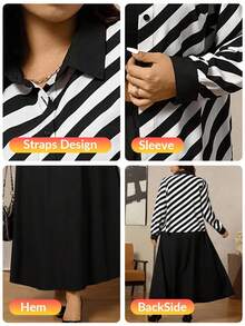 Zelara Conjunto informal de 2 piezas de camisa de manga larga con botones a rayas y falda evasé para mujer de talla grande