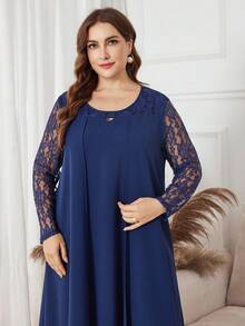 Al Najma 大码女式优雅宽松休闲蕾丝拼布长袖连衣裙，适合日常穿着 - 藍色 - 查看 3